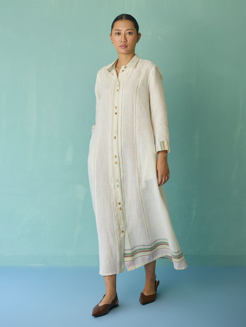 Manara Paneled Border Linen Shirt Dress - Ivory linen dress by Manan in ivory for women Worldwide