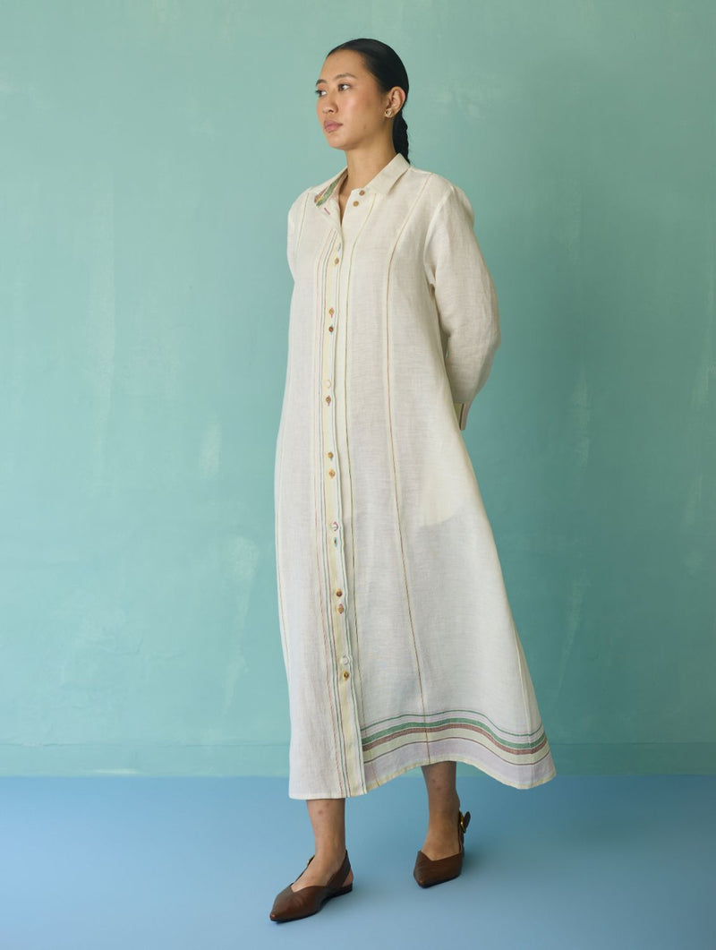 Manara Paneled Border Linen Shirt Dress - Ivory linen dress by Manan in ivory for women Worldwide