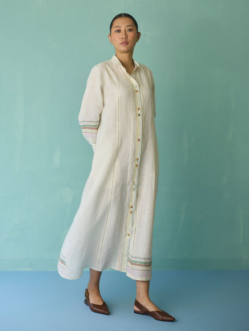 Manara Paneled Border Linen Shirt Dress - Ivory linen dress by Manan in ivory for women Worldwide