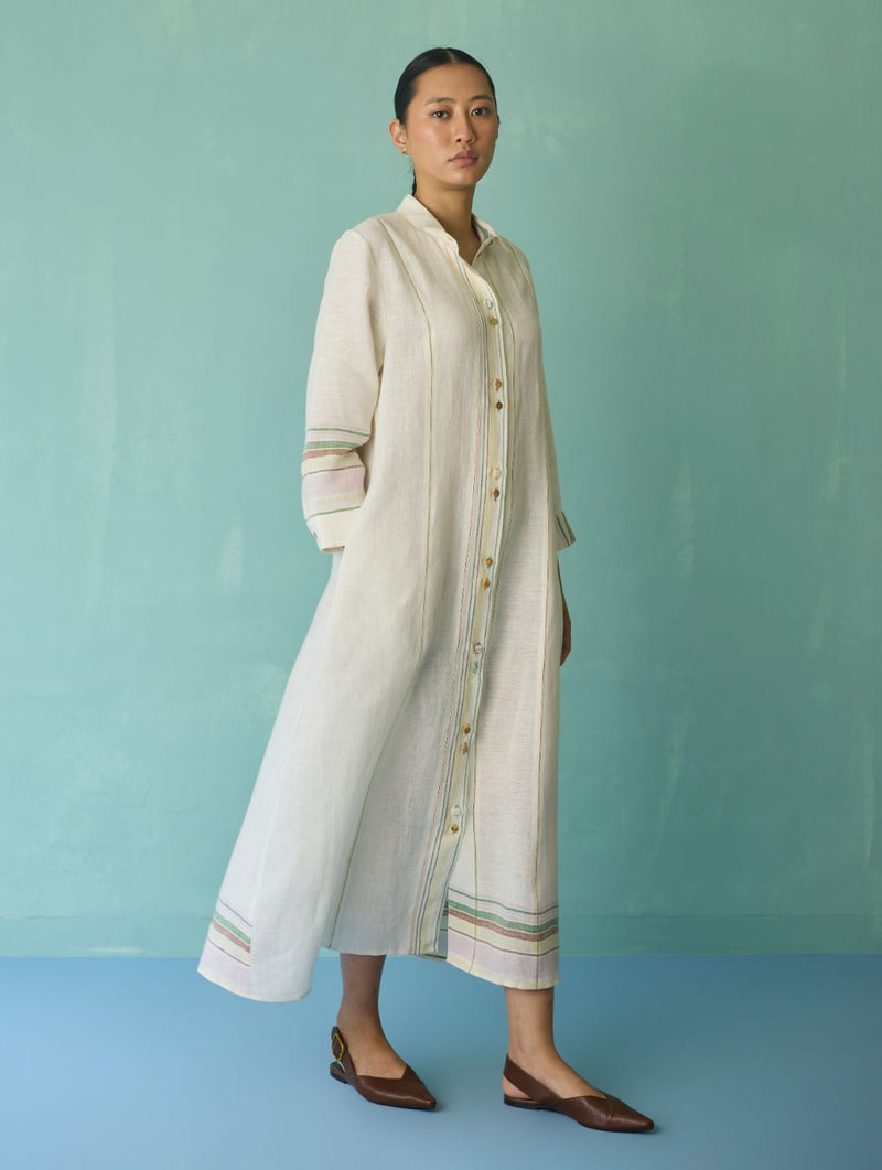 Manara Paneled Border Linen Shirt Dress - Ivory linen dress by Manan in ivory for women Worldwide