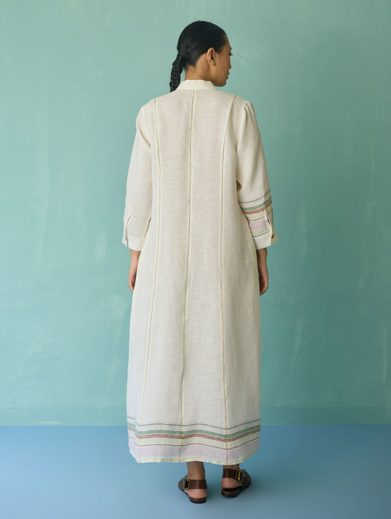 Manara Paneled Border Linen Shirt Dress - Ivory linen dress by Manan in ivory for women Worldwide