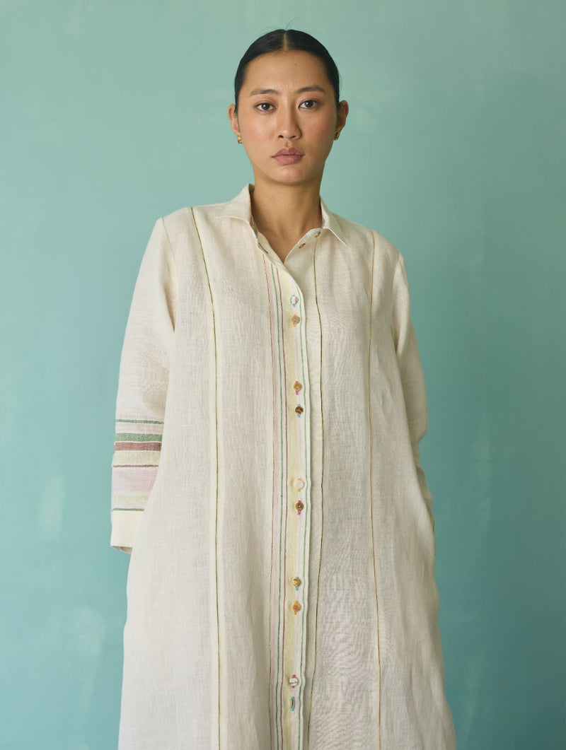 Manara Paneled Border Linen Shirt Dress - Ivory linen dress by Manan in ivory for women Worldwide