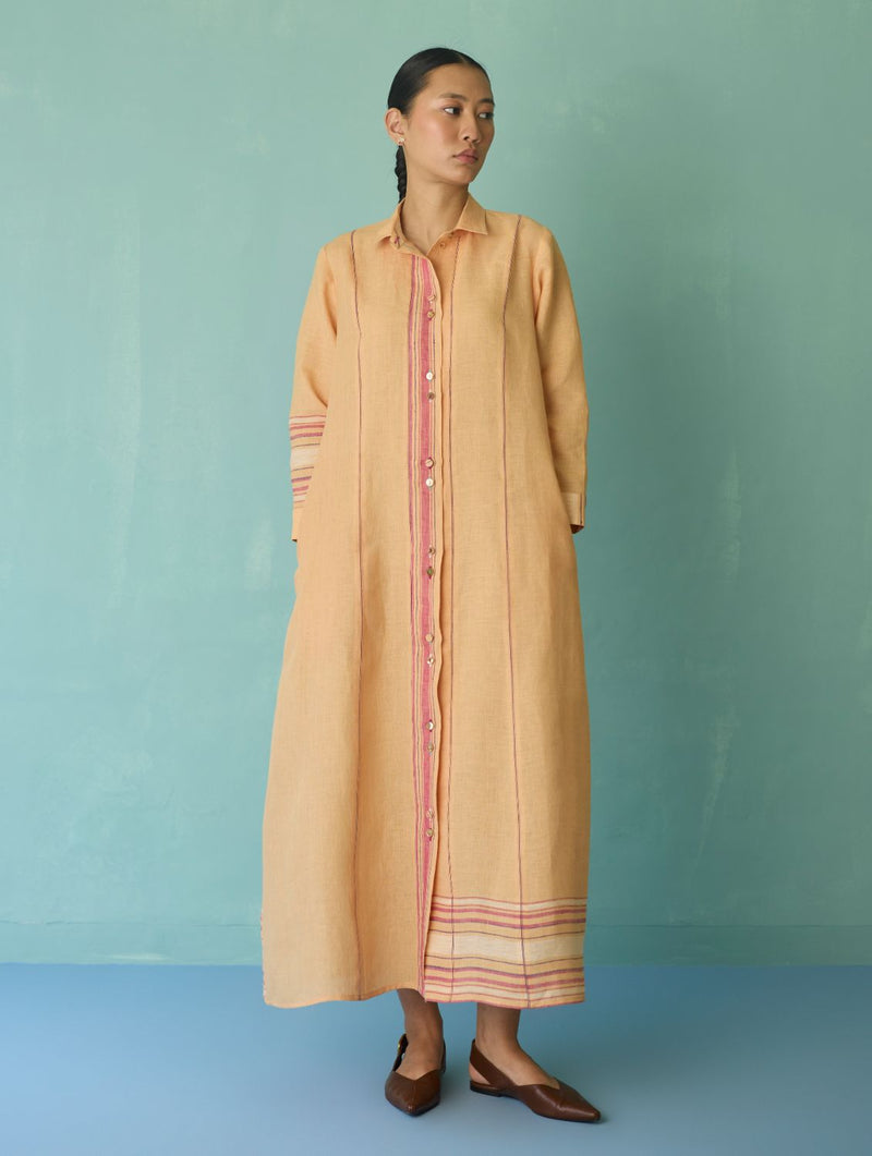 Manara Paneled Border Linen Shirt Dress - Apricot linen dress by Manan in apricot for women Worldwide