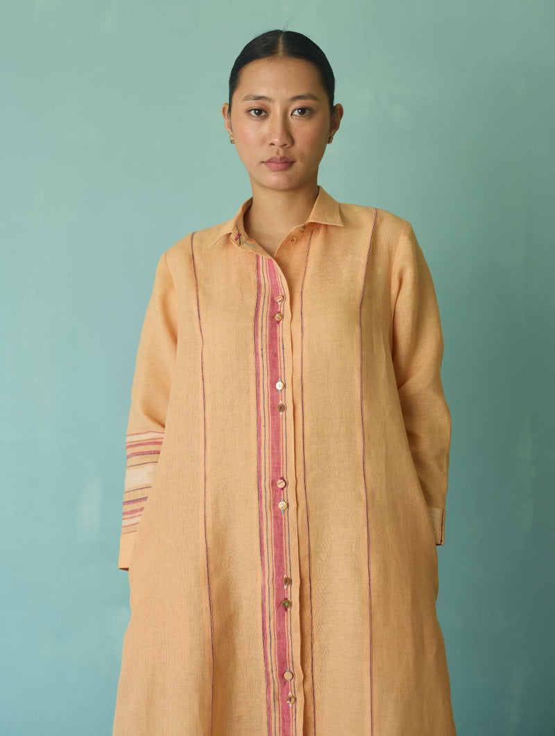 Manara Paneled Border Linen Shirt Dress - Apricot linen dress by Manan in apricot for women Worldwide
