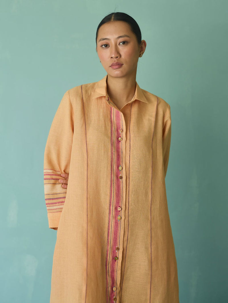 Manara Paneled Border Linen Shirt Dress - Apricot linen dress by Manan in apricot for women Worldwide