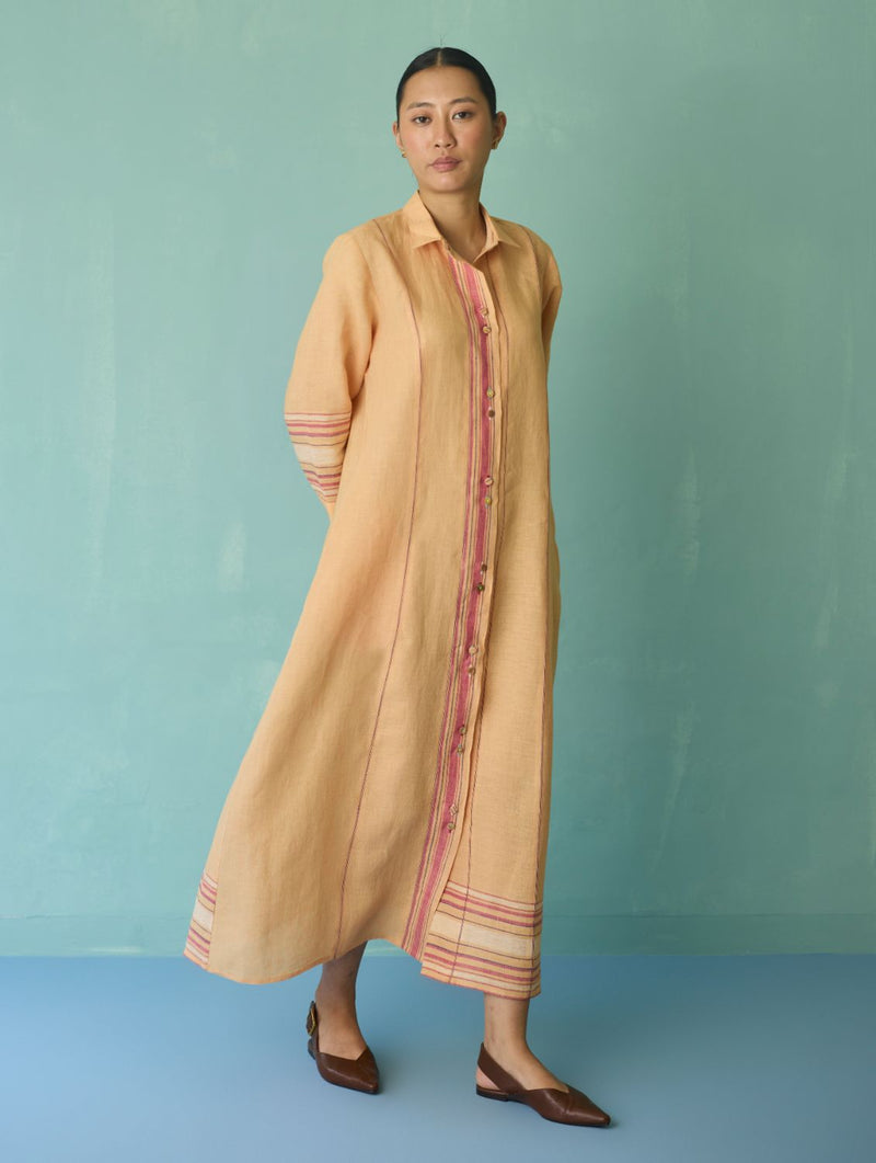 Manara Paneled Border Linen Shirt Dress - Apricot linen dress by Manan in apricot for women Worldwide