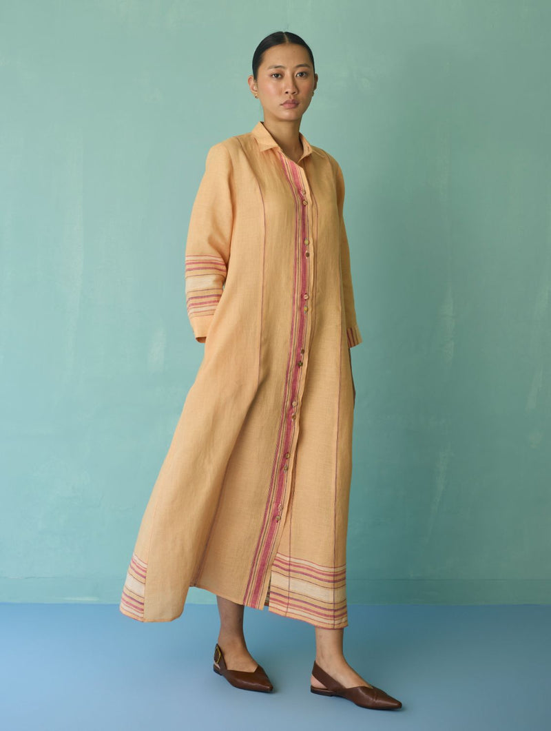 Manara Paneled Border Linen Shirt Dress - Apricot linen dress by Manan in apricot for women Worldwide
