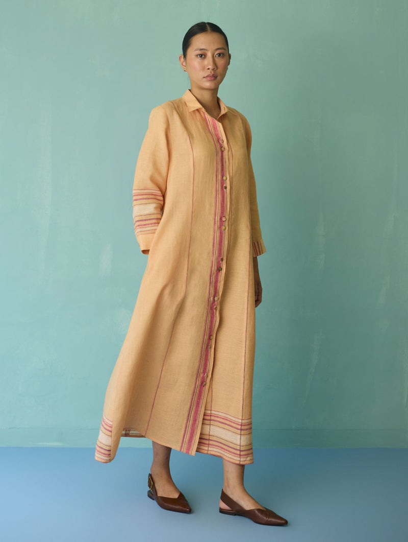 Manara Paneled Border Linen Shirt Dress - Apricot linen dress by Manan in apricot for women Worldwide