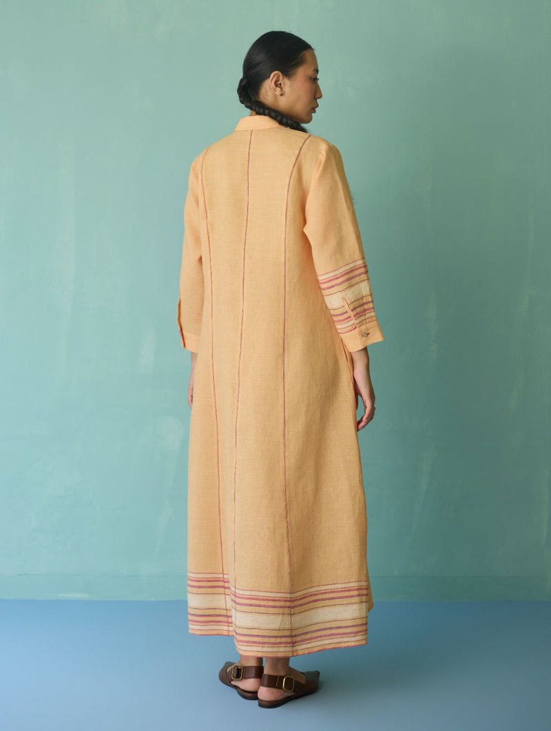 Manara Paneled Border Linen Shirt Dress - Apricot linen dress by Manan in apricot for women Worldwide