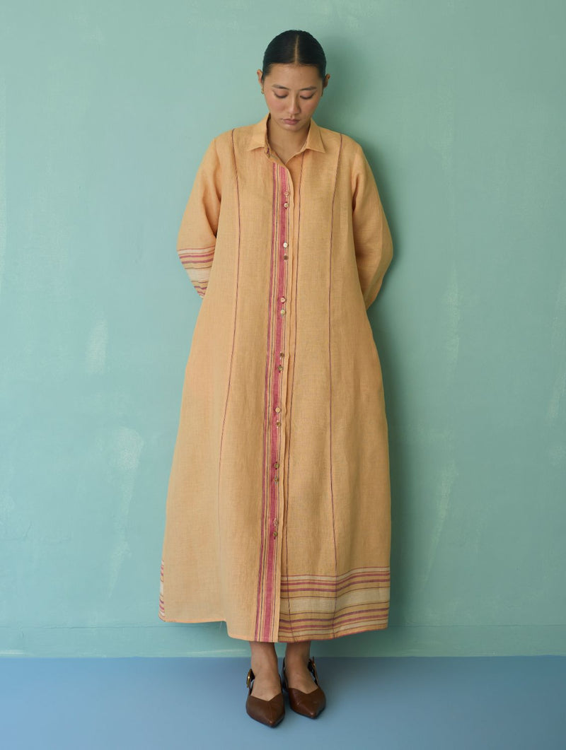 Manara Paneled Border Linen Shirt Dress - Apricot linen dress by Manan in apricot for women Worldwide