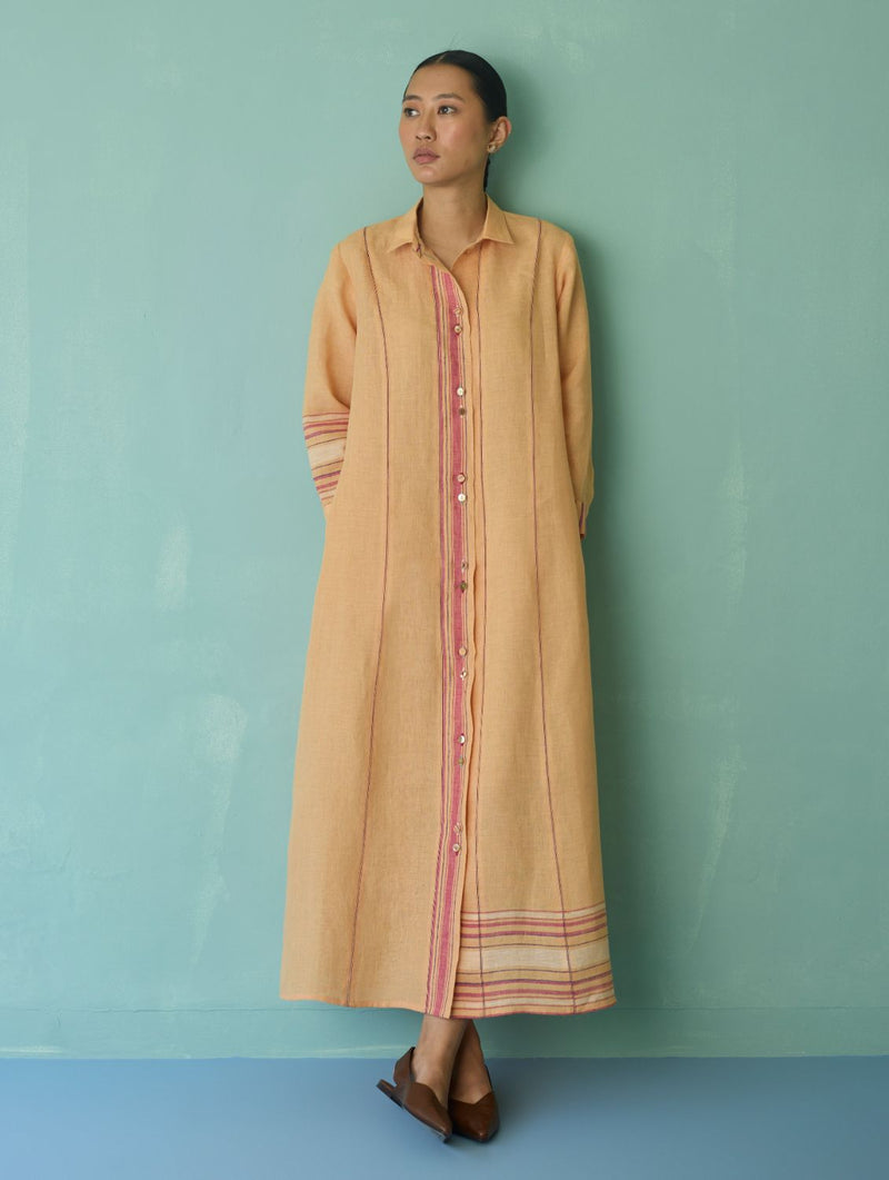 Manara Paneled Border Linen Shirt Dress - Apricot linen dress by Manan in apricot for women Worldwide