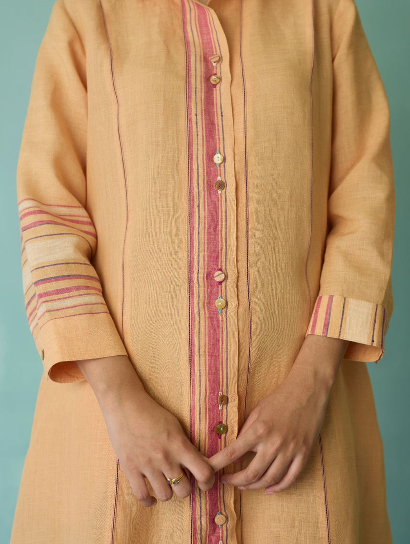 Manara Paneled Border Linen Shirt Dress - Apricot linen dress by Manan in apricot for women Worldwide