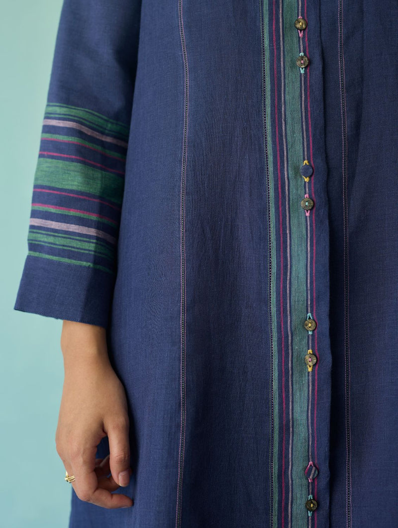 Manara Paneled Border Linen Shirt Dress - Indigo linen dress by Manan in navy for women Worldwide