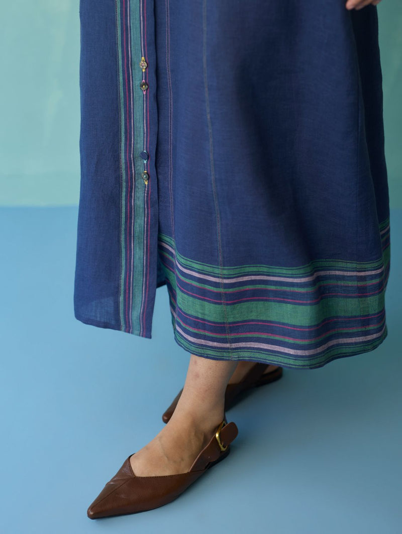 Manara Paneled Border Linen Shirt Dress - Indigo linen dress by Manan in navy for women Worldwide