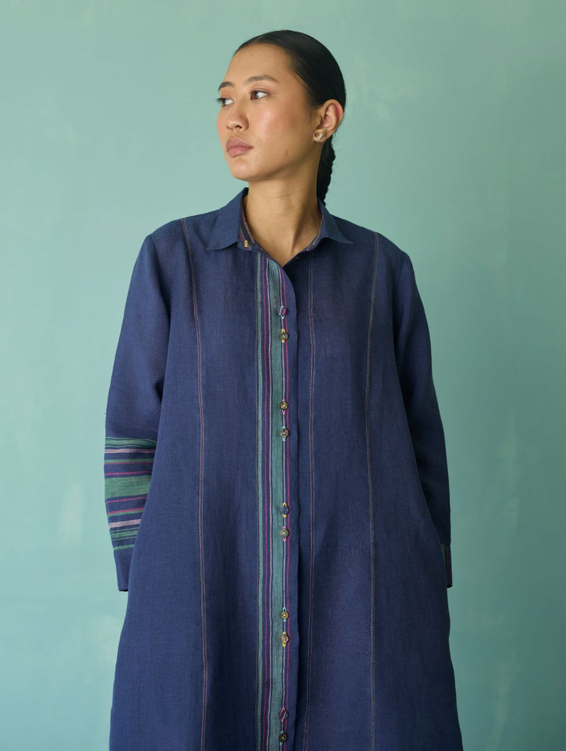 Manara Paneled Border Linen Shirt Dress - Indigo linen dress by Manan in navy for women Worldwide