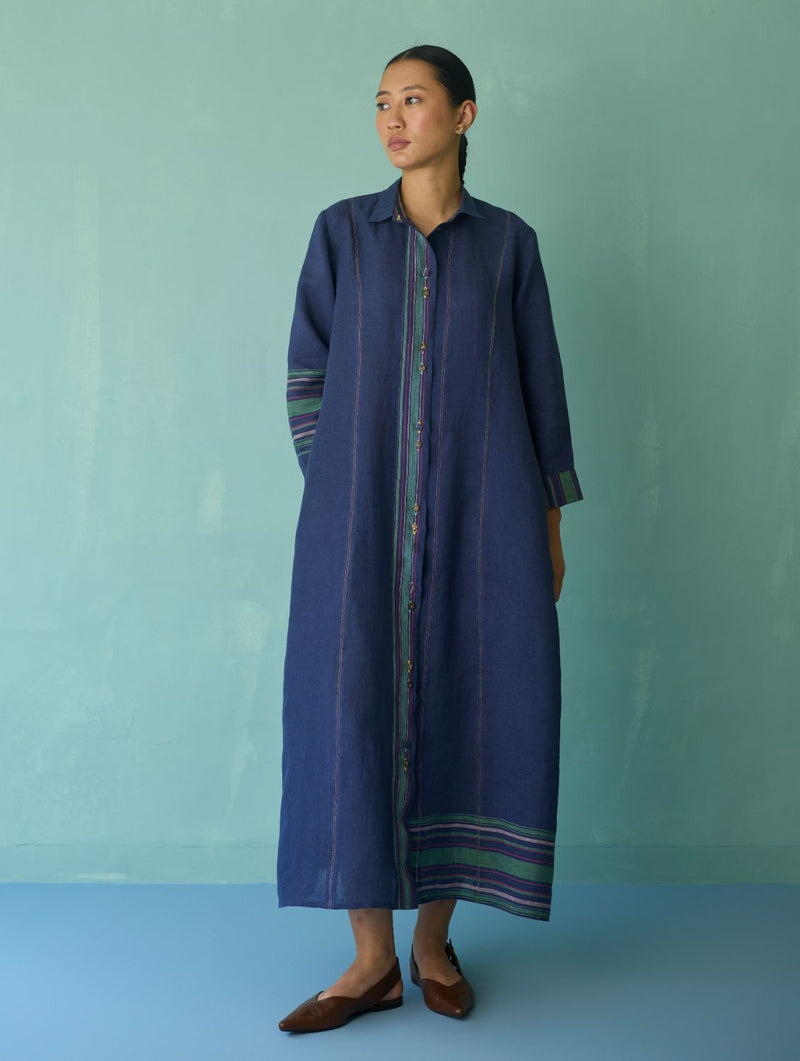 Manara Paneled Border Linen Shirt Dress - Indigo linen dress by Manan in navy for women Worldwide