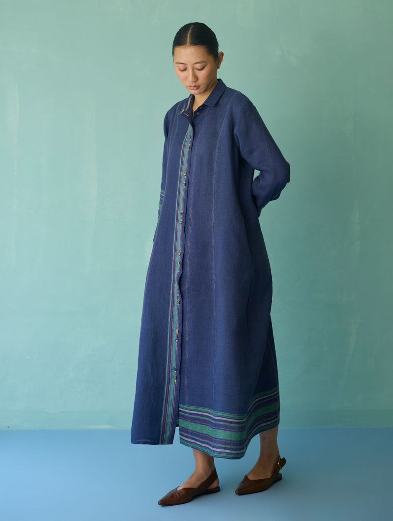 Manara Paneled Border Linen Shirt Dress - Indigo linen dress by Manan in navy for women Worldwide