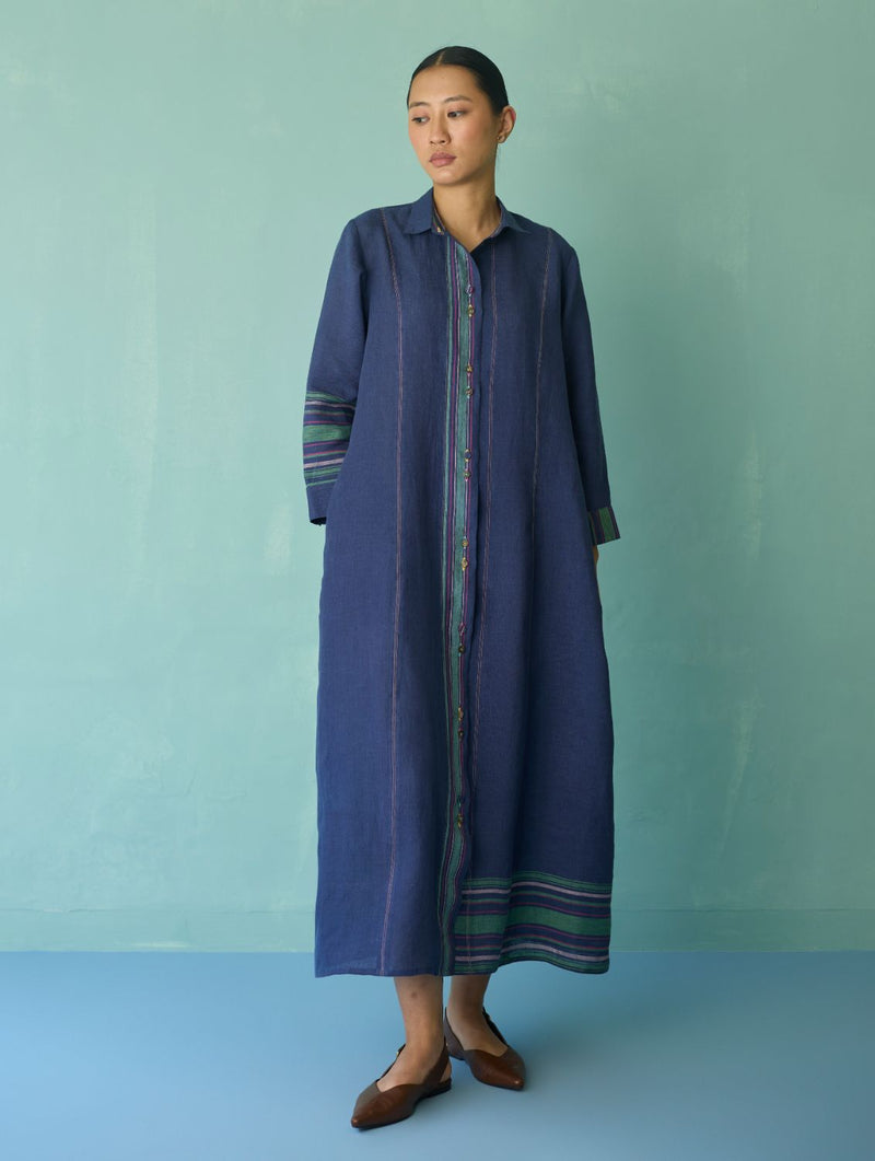 Manara Paneled Border Linen Shirt Dress - Indigo linen dress by Manan in navy for women Worldwide