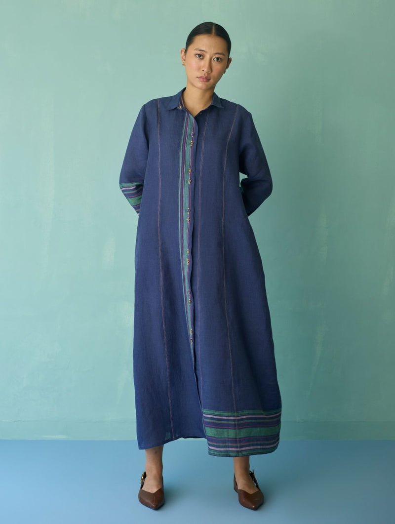 Manara Paneled Border Linen Shirt Dress - Indigo linen dress by Manan in navy for women Worldwide