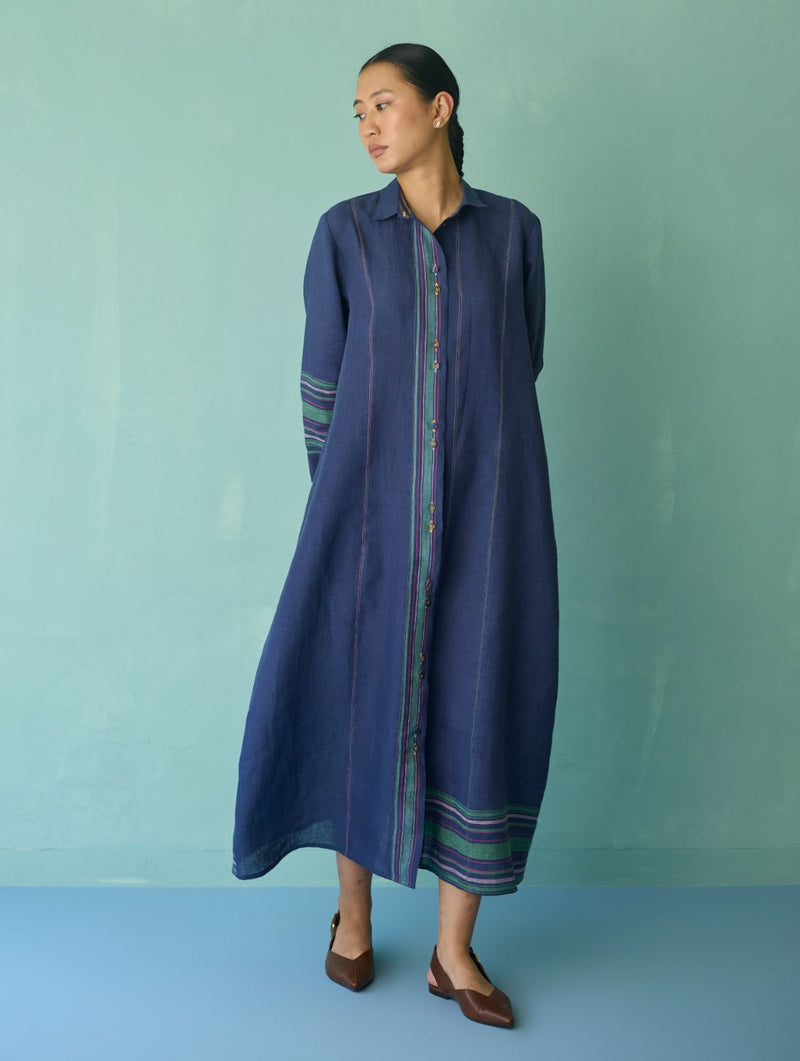 Manara Paneled Border Linen Shirt Dress - Indigo linen dress by Manan in navy for women Worldwide
