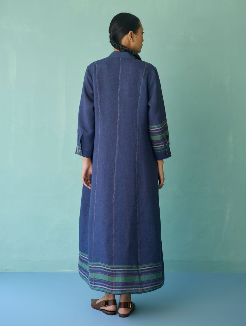 Manara Paneled Border Linen Shirt Dress - Indigo linen dress by Manan in navy for women Worldwide