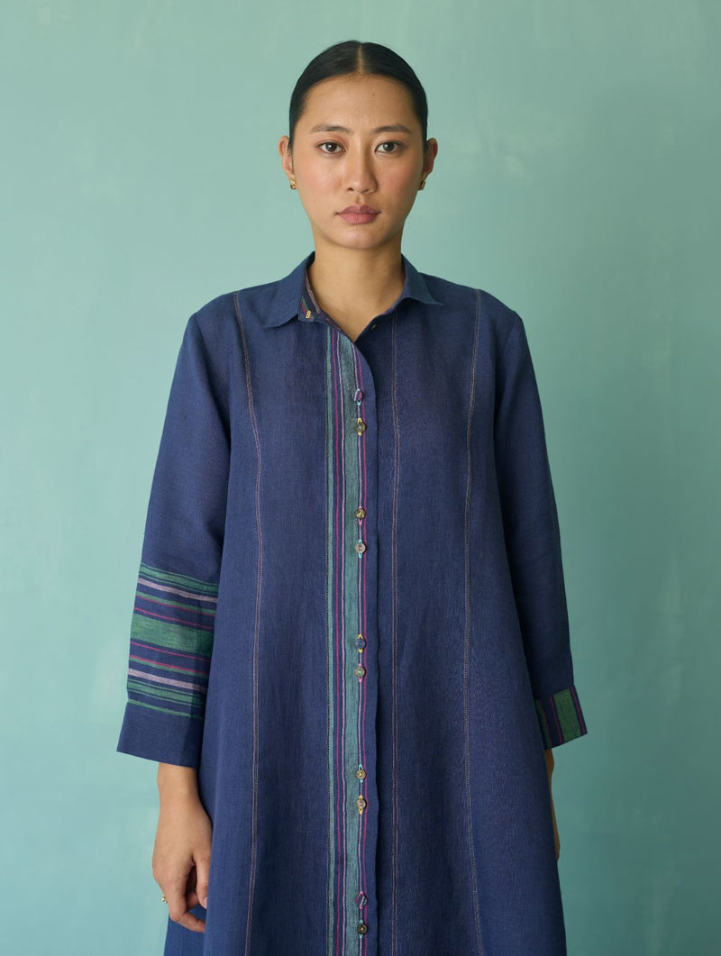 Manara Paneled Border Linen Shirt Dress - Indigo linen dress by Manan in navy for women Worldwide