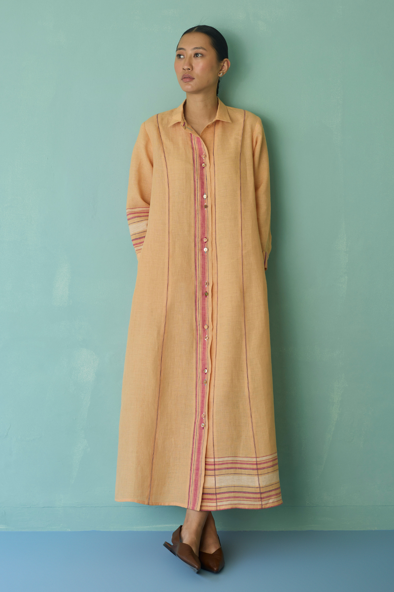 Manara Paneled Border Linen Shirt Dress - Apricot linen dress by Manan in apricot for women Worldwide