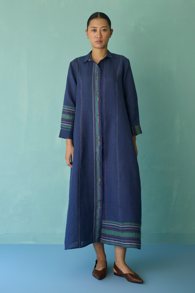 Manara Paneled Border Linen Shirt Dress - Indigo linen dress by Manan in navy for women Worldwide