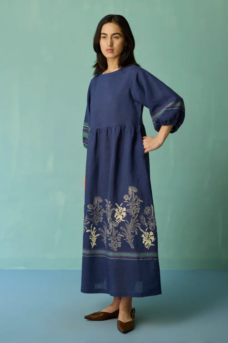 Ora Block-Printed Floral Linen Dress - Indigo linen dress by Manan in navy for women Worldwide