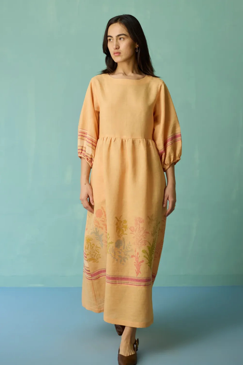 Ora Block-Printed Floral Linen Dress - Apricot linen dress by Manan in apricot for women Worldwide