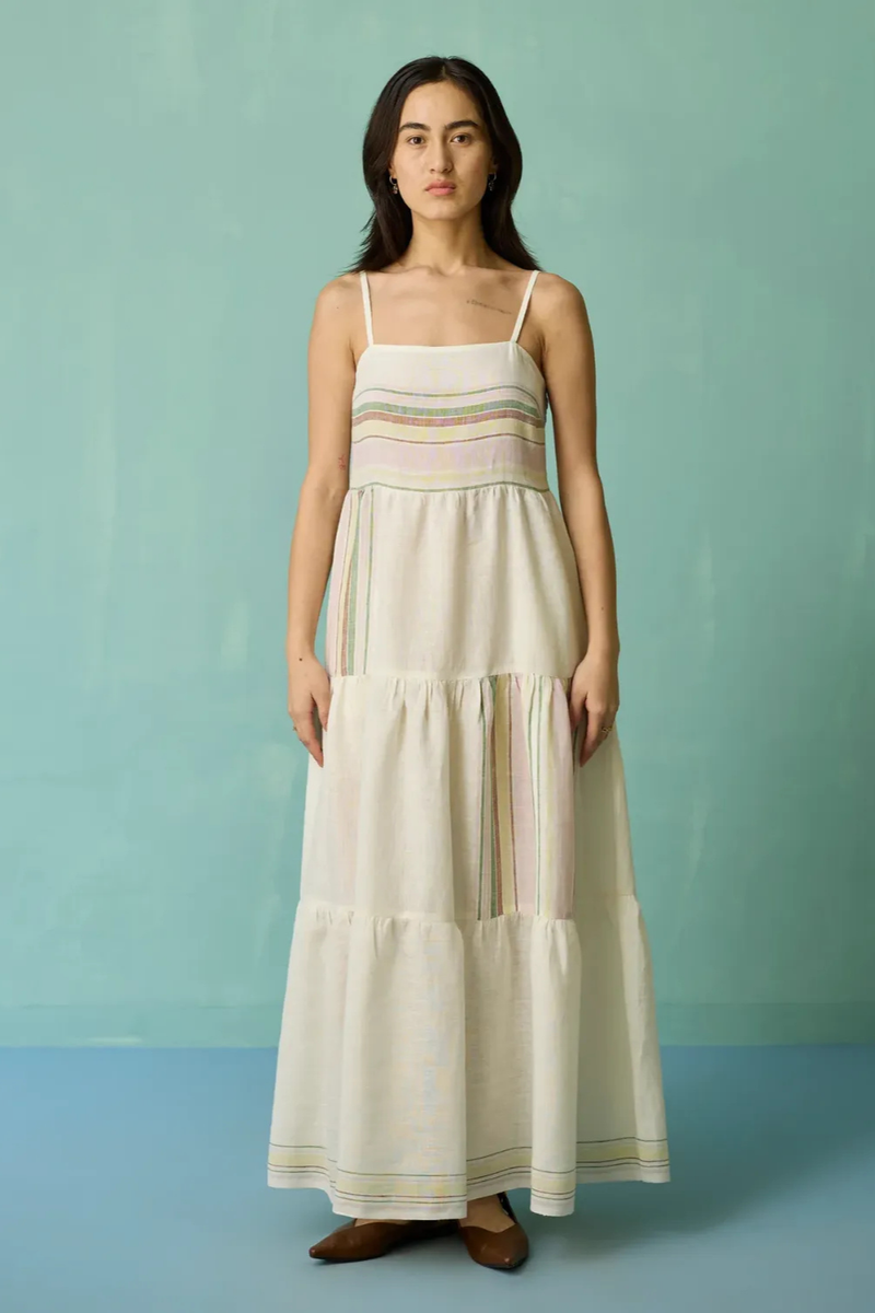 Pera Border Linen Tiered Dress - Ivory linen dress by Manan in ivory for women Worldwide