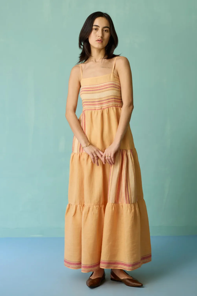 Pera Border Linen Tiered Dress - Apricot linen dress by Manan in apricot for women Worldwide