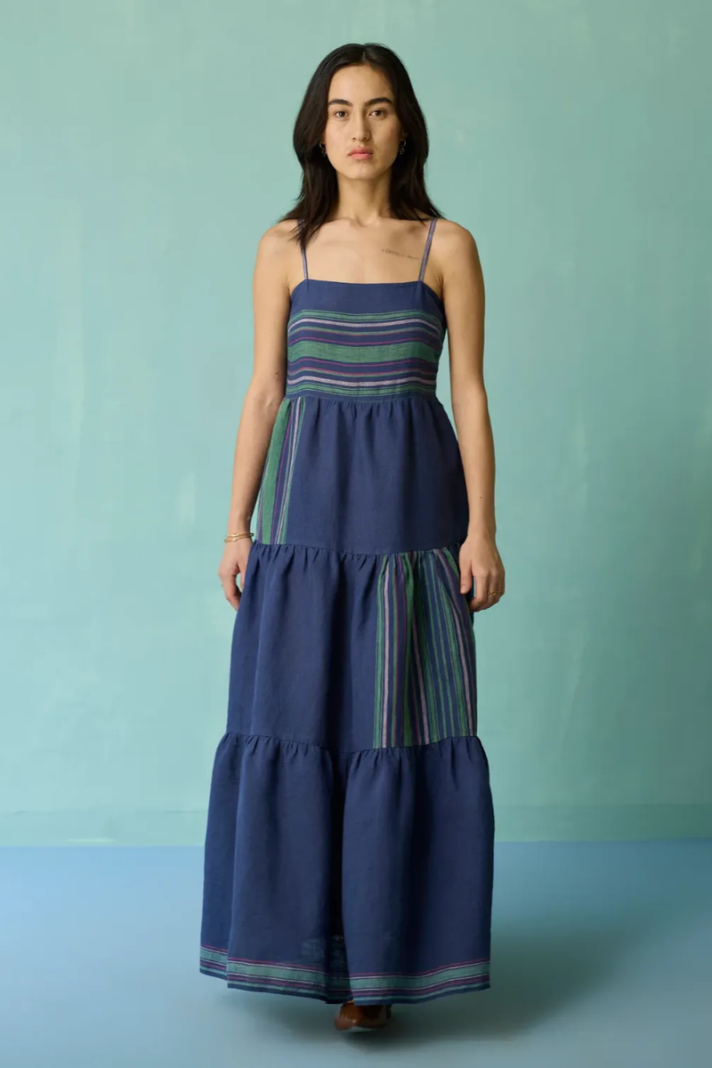 Pera Border Linen Tiered Dress - Indigo linen dress by Manan in navy for women Worldwide