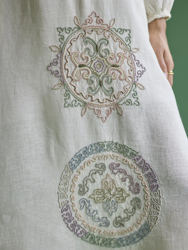 Eira Hand-Embroidered Linen Dress - Ivory linen by Manan in ivory color for women Worldwide