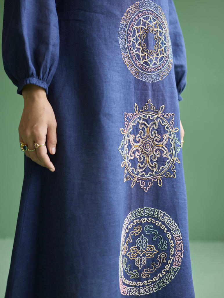 Eira Hand-Embroidered Linen Dress - Navy linen by Manan in navy color for women Worldwide