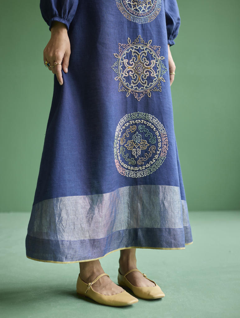 Eira Hand-Embroidered Linen Dress - Navy linen by Manan in navy color for women Worldwide