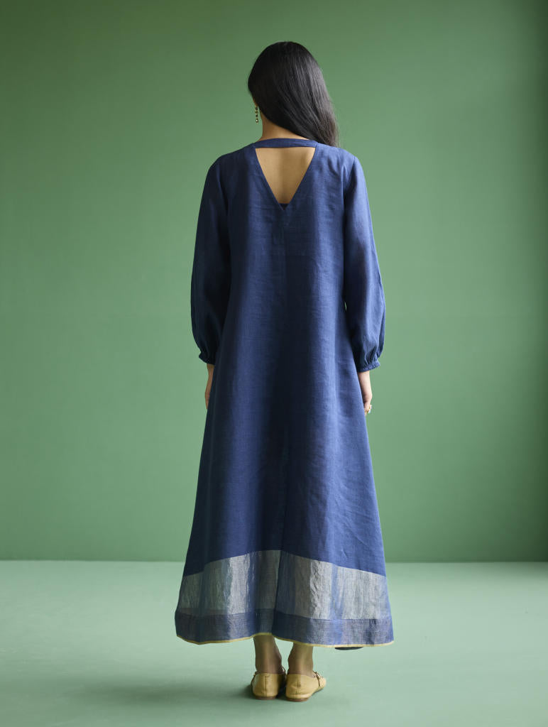 Eira Hand-Embroidered Linen Dress - Navy linen by Manan in navy color for women Worldwide