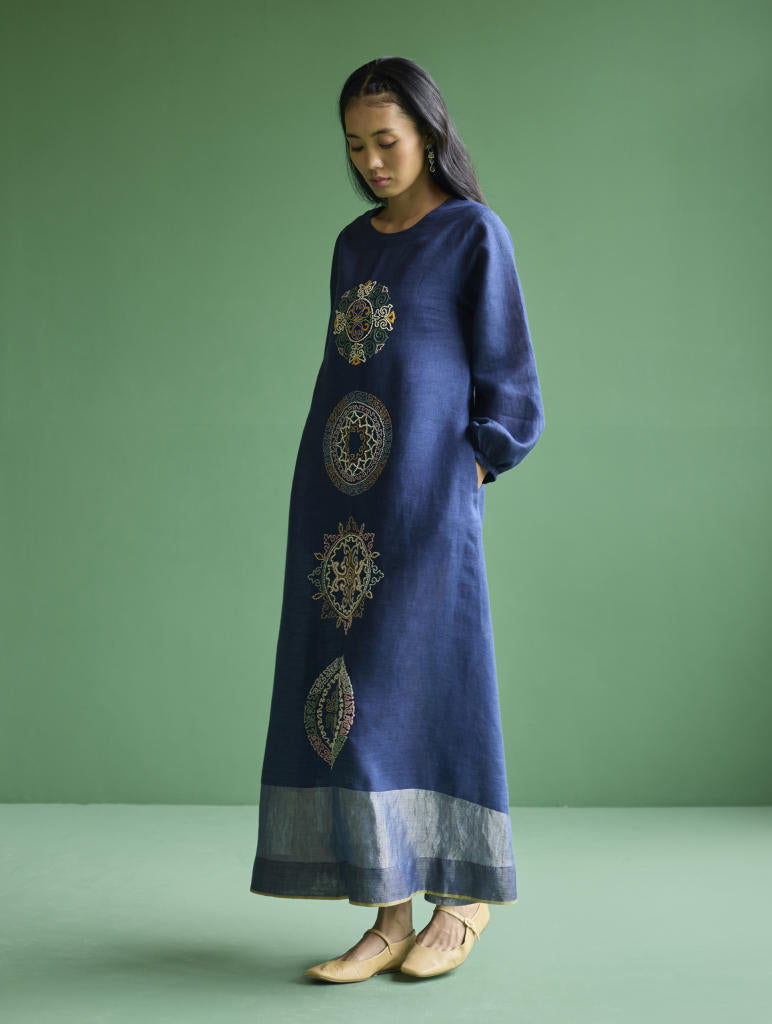 Eira Hand-Embroidered Linen Dress - Navy linen by Manan in navy color for women Worldwide