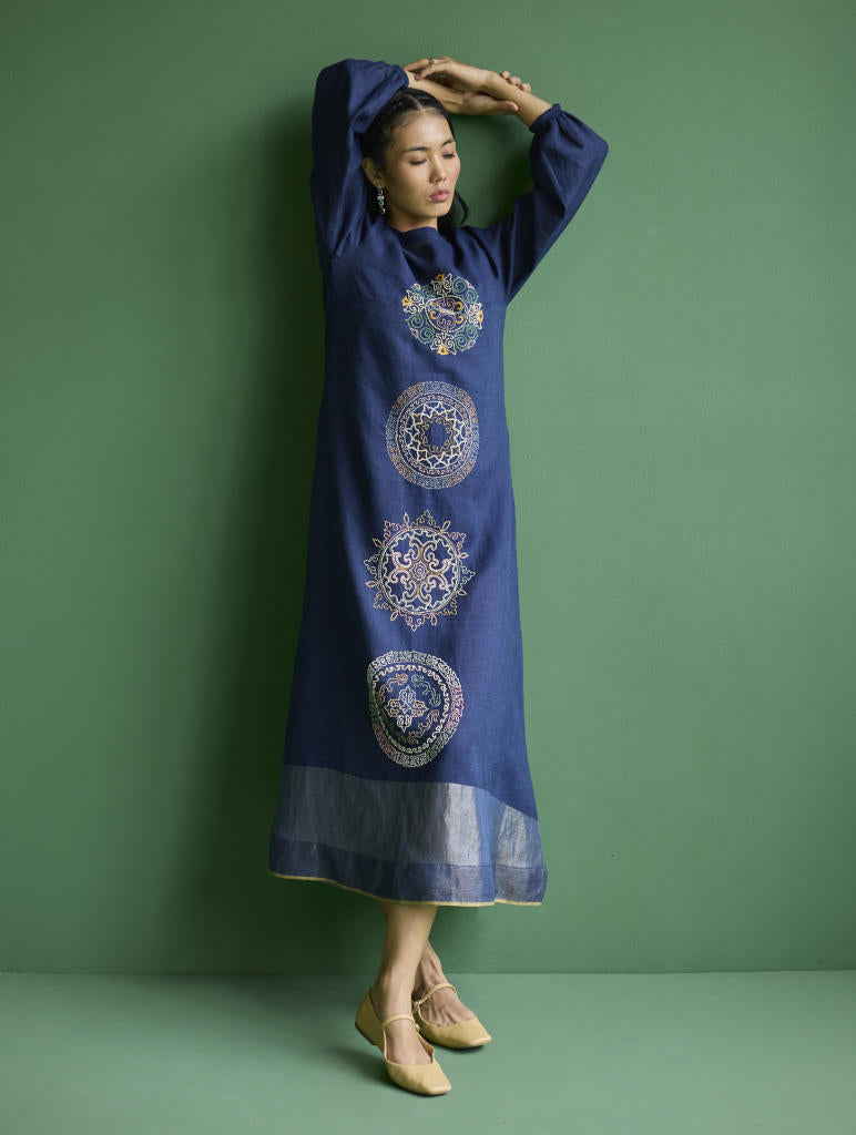 Eira Hand-Embroidered Linen Dress - Navy linen by Manan in navy color for women Worldwide