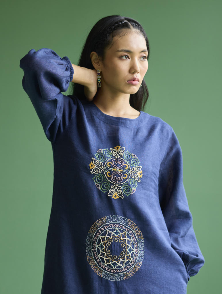 Eira Hand-Embroidered Linen Dress - Navy linen by Manan in navy color for women Worldwide