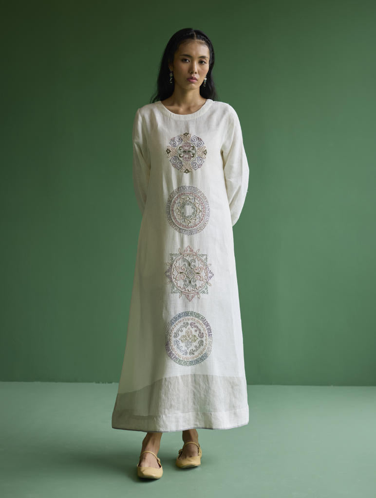 Eira Hand-Embroidered Linen Dress - Ivory linen by Manan in ivory color for women Worldwide