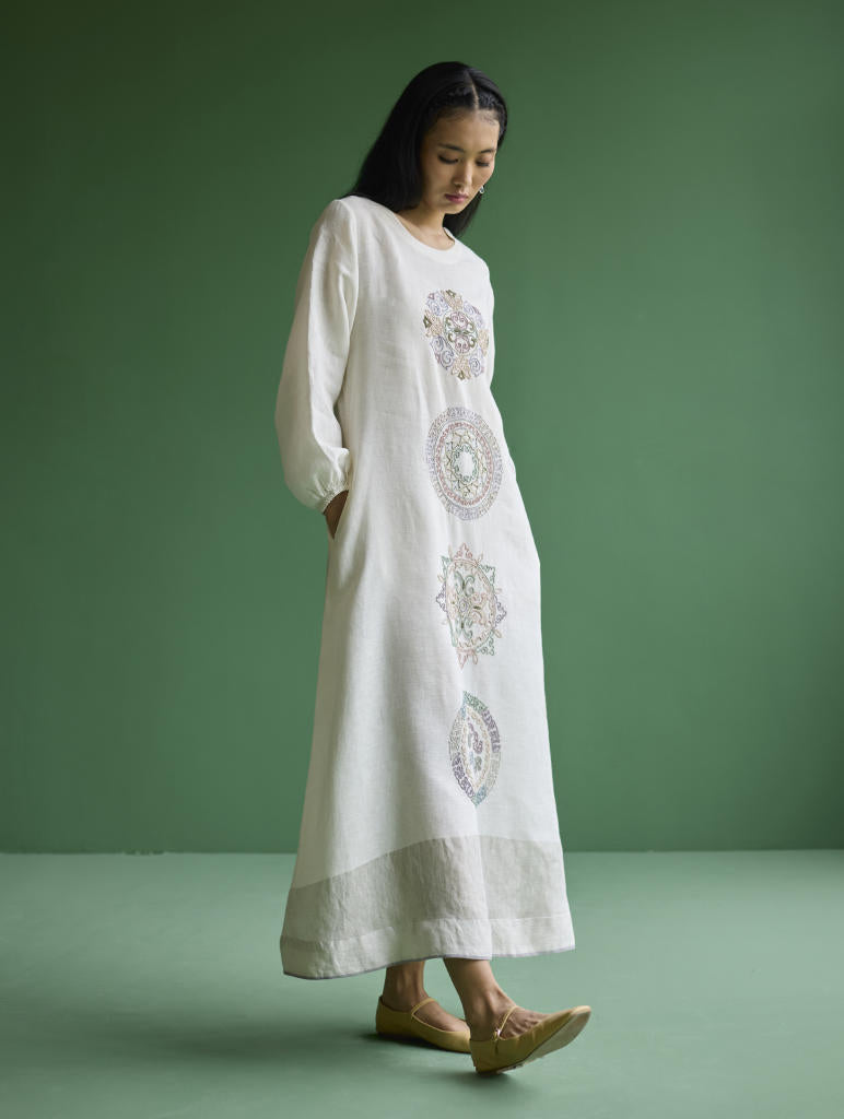 Eira Hand-Embroidered Linen Dress - Ivory linen by Manan in ivory color for women Worldwide