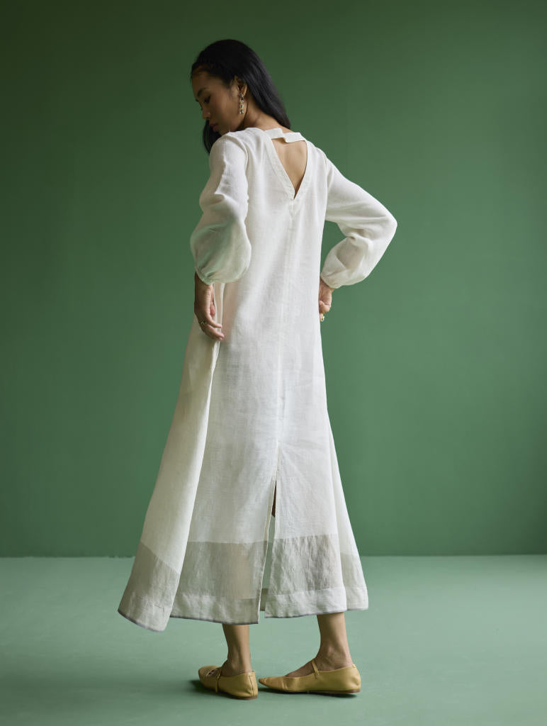 Eira Hand-Embroidered Linen Dress - Ivory linen by Manan in ivory color for women Worldwide
