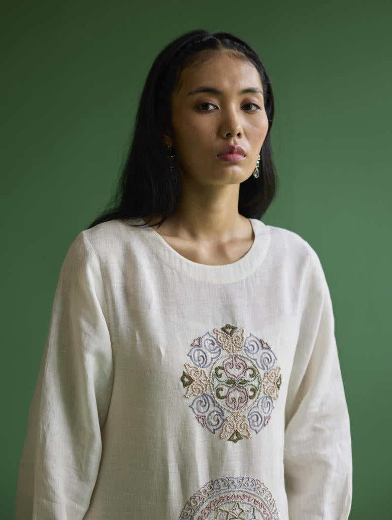 Eira Hand-Embroidered Linen Dress - Ivory linen by Manan in ivory color for women Worldwide