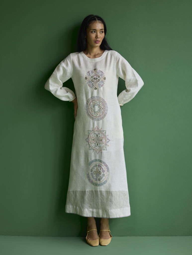 Eira Hand-Embroidered Linen Dress - Ivory linen by Manan in ivory color for women Worldwide