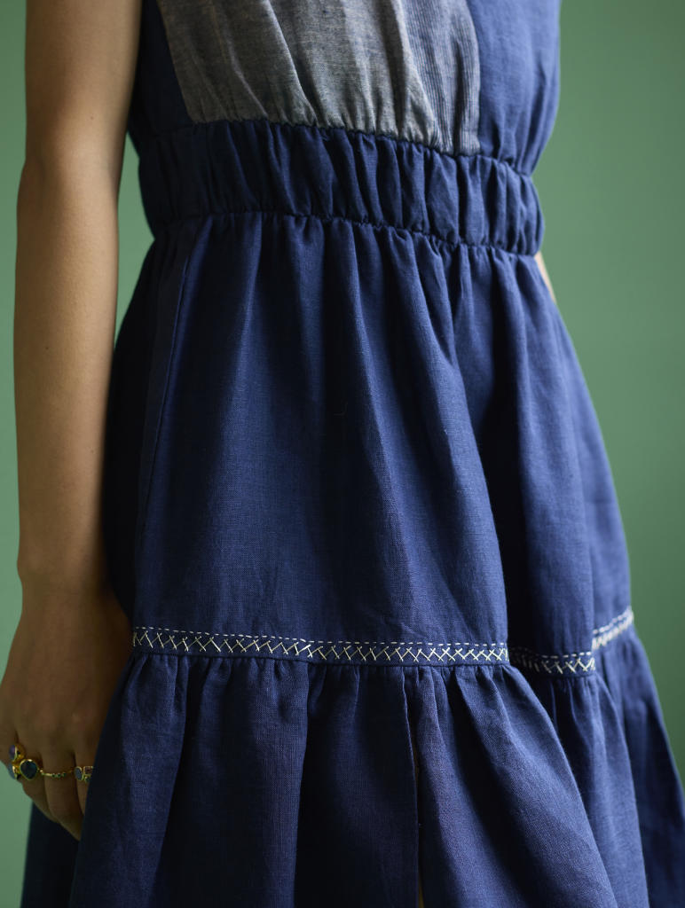 Aria Metallic Linen Dress - Navy linen by Manan in navy color for women Worldwide