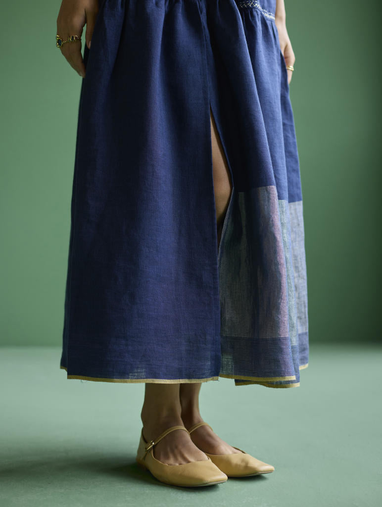 Aria Metallic Linen Dress - Navy linen by Manan in navy color for women Worldwide