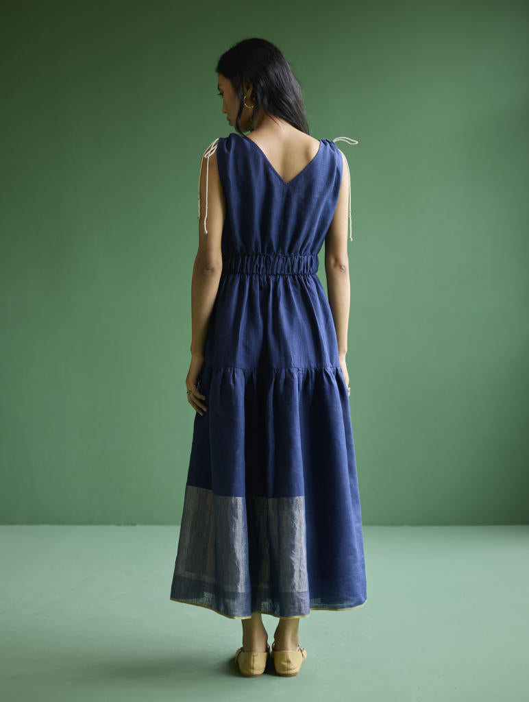 Aria Metallic Linen Dress - Navy linen by Manan in navy color for women Worldwide