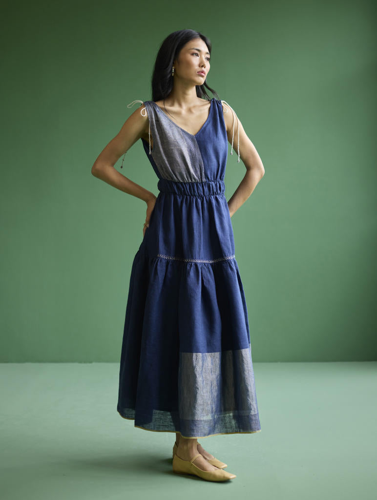 Aria Metallic Linen Dress - Navy linen by Manan in navy color for women Worldwide