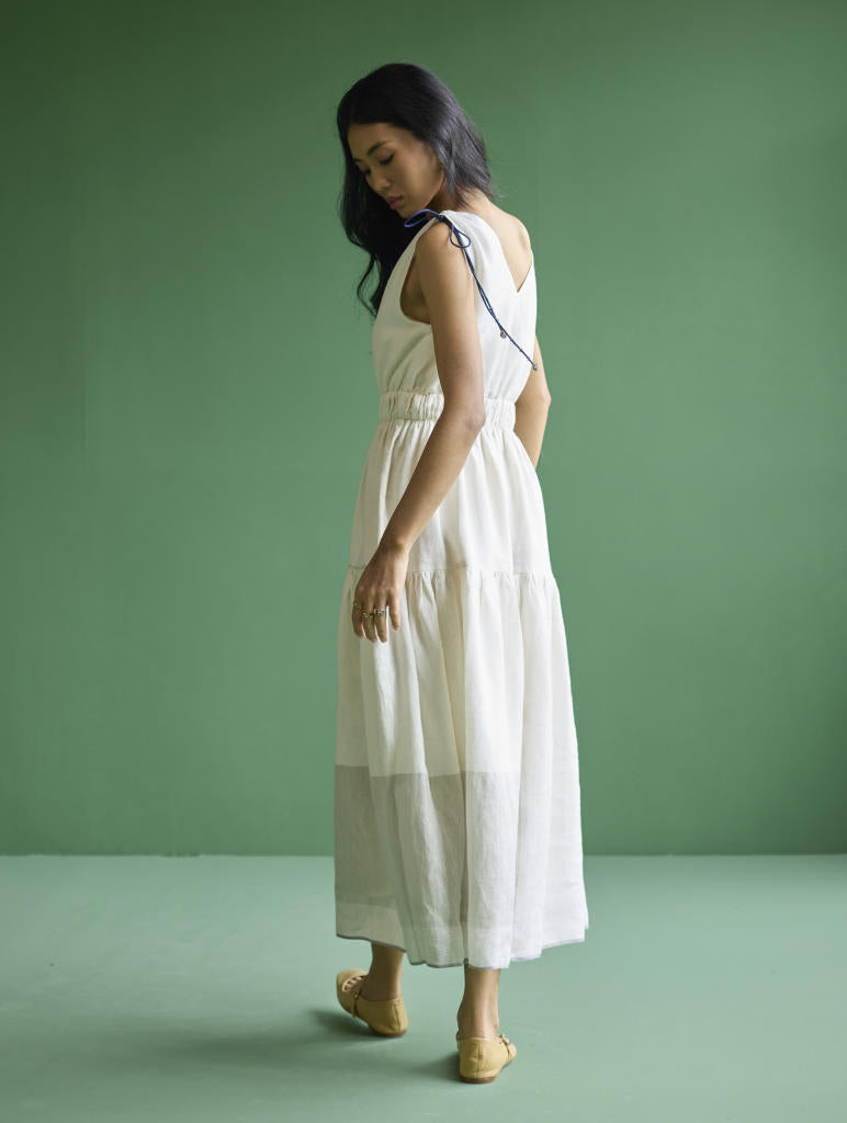 Aria Metallic Linen Dress - Ivory linen by Manan in ivory color for women Worldwide